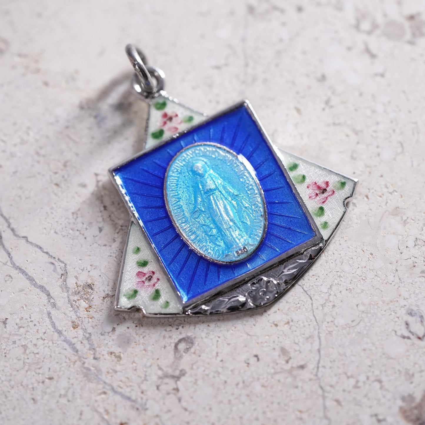 1950’s sterling 925 silver enamel miraculous Virgin Mary medal charm pendant
