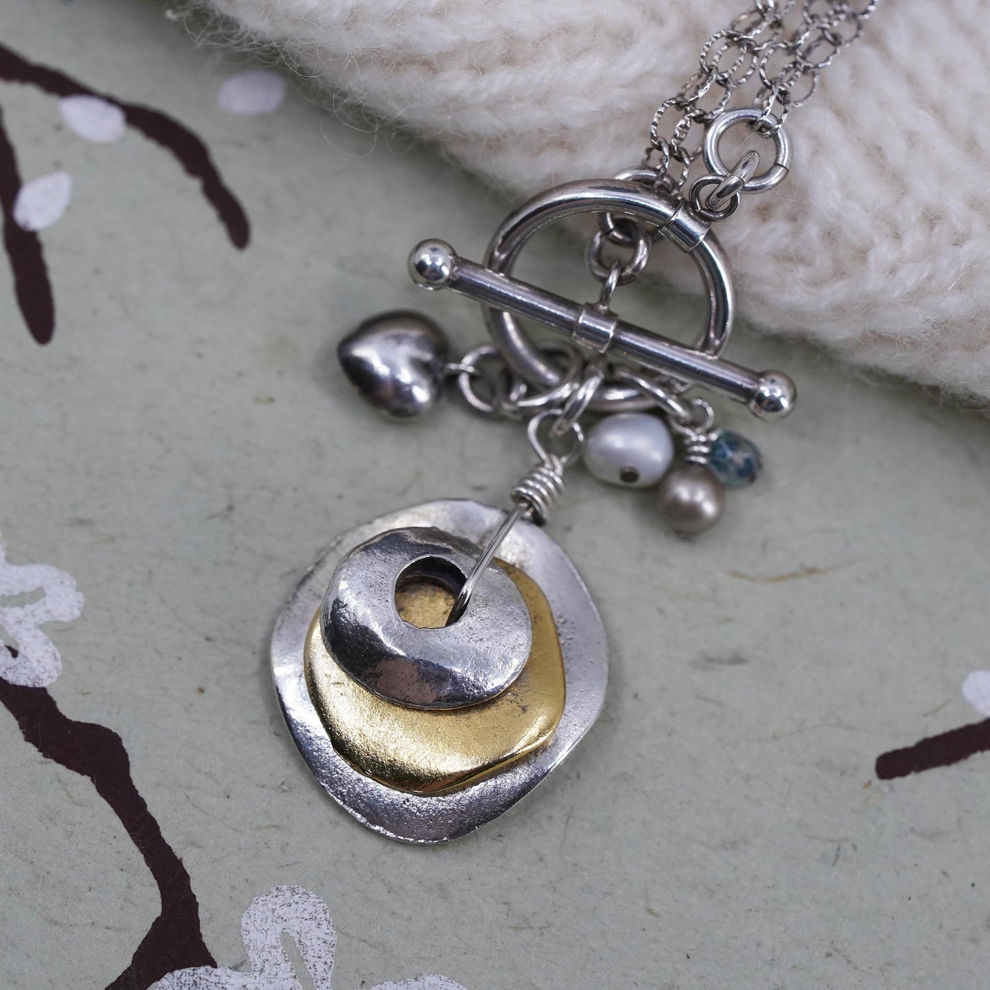 16", southwestern sterling silver double circle chain two tone discs pendant