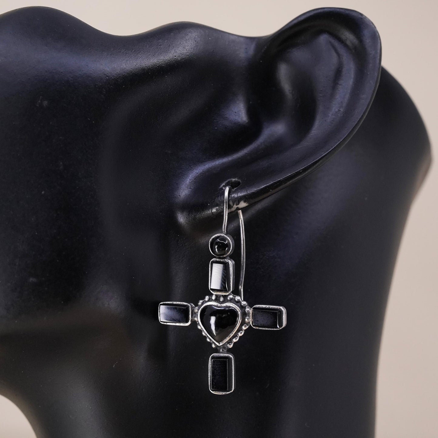 Vintage handmade single earring. Sterling 925 silver heart cross with onyx