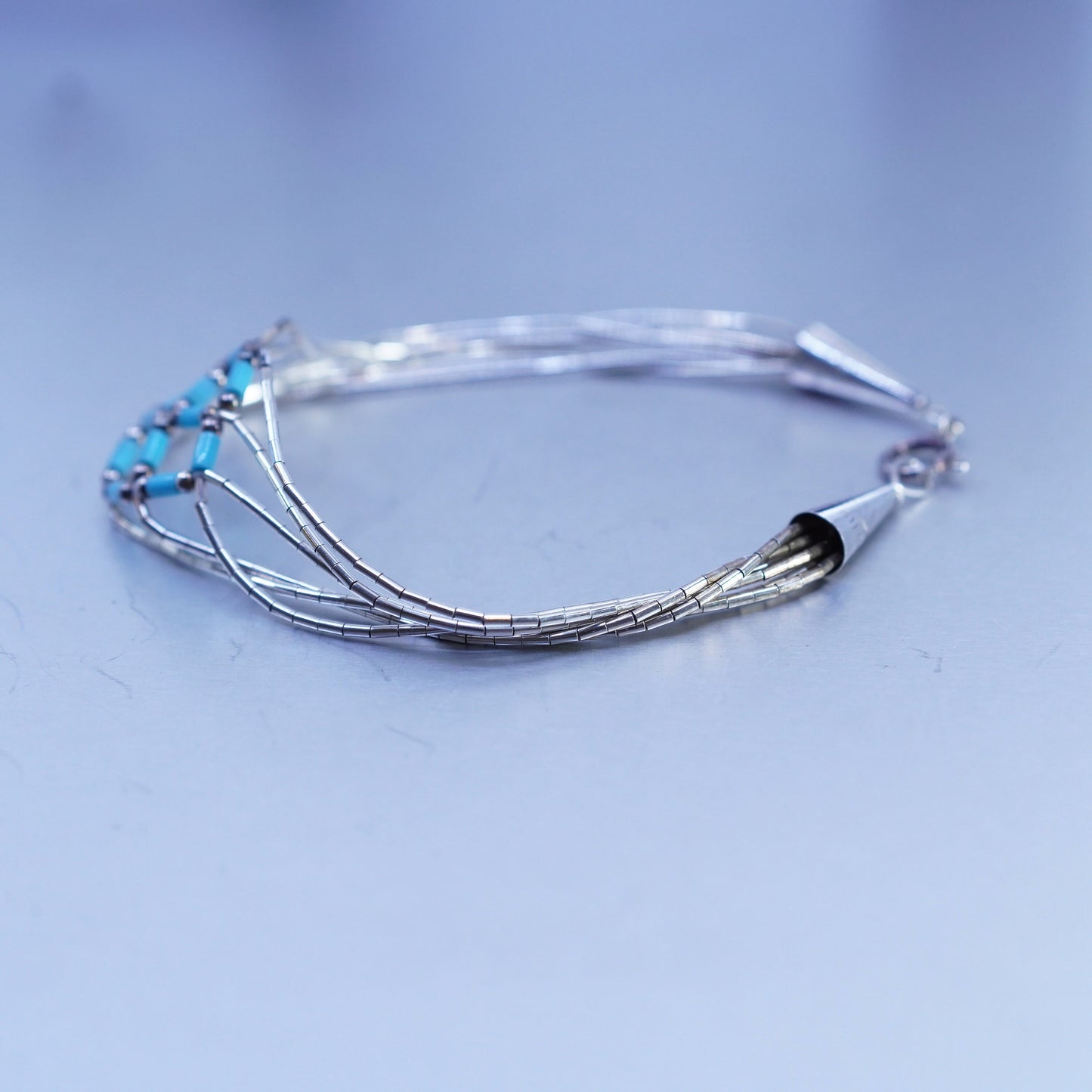 7.25”, Sterling 925 silver handmade bracelet, woven liquid chain with turquoise