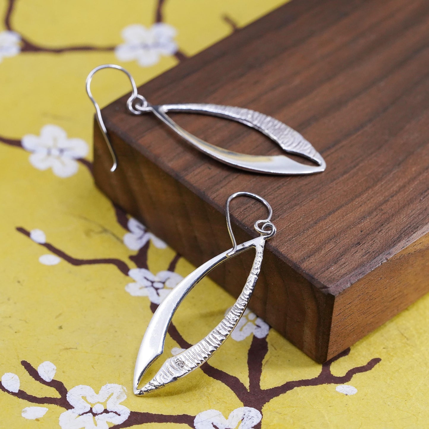 Vintage Sterling silver handmade earrings, 925 leaves shaped, textured dangles