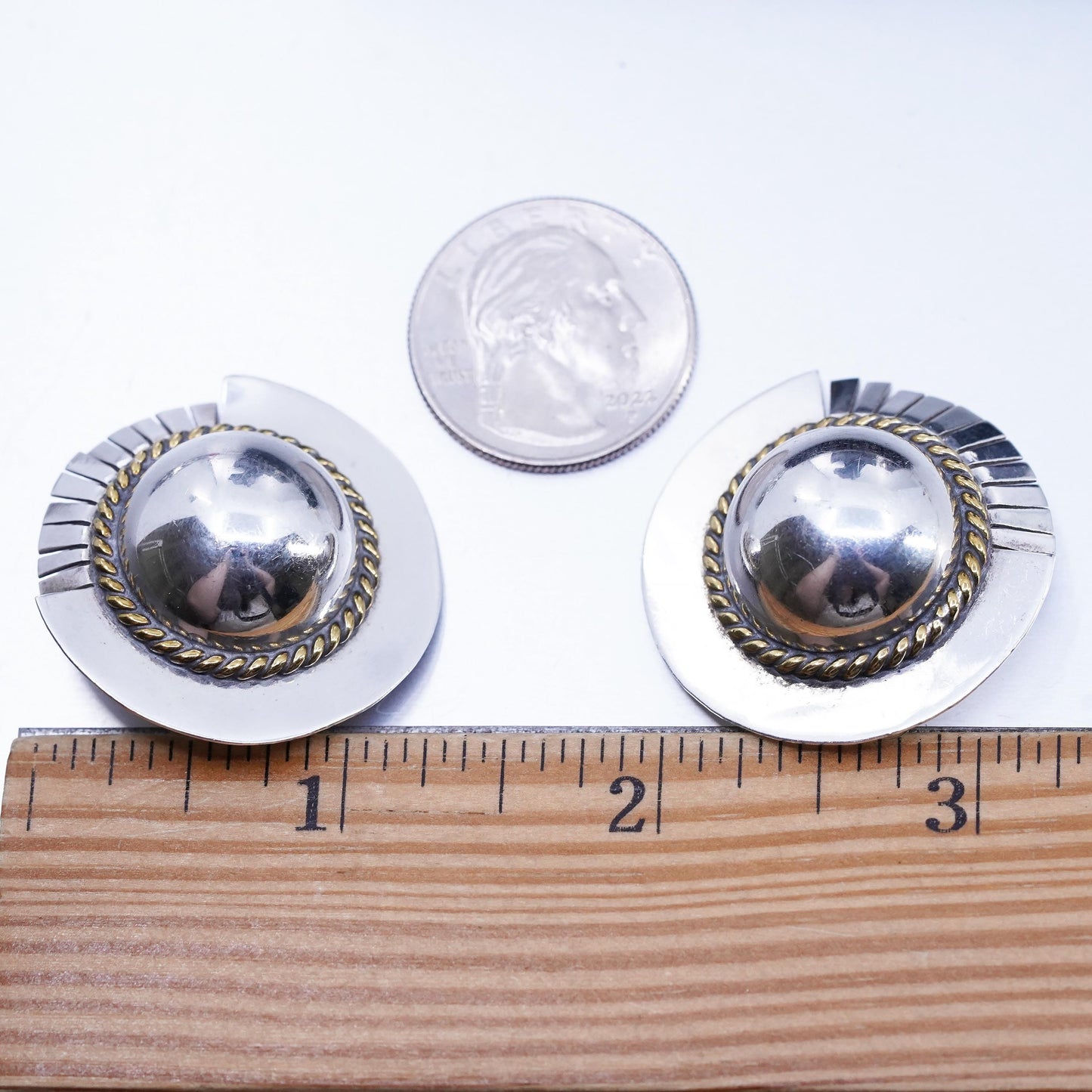 VTG Mexican Two Tone Sterling 925 Silver circle CLIP ON earrings brass cable