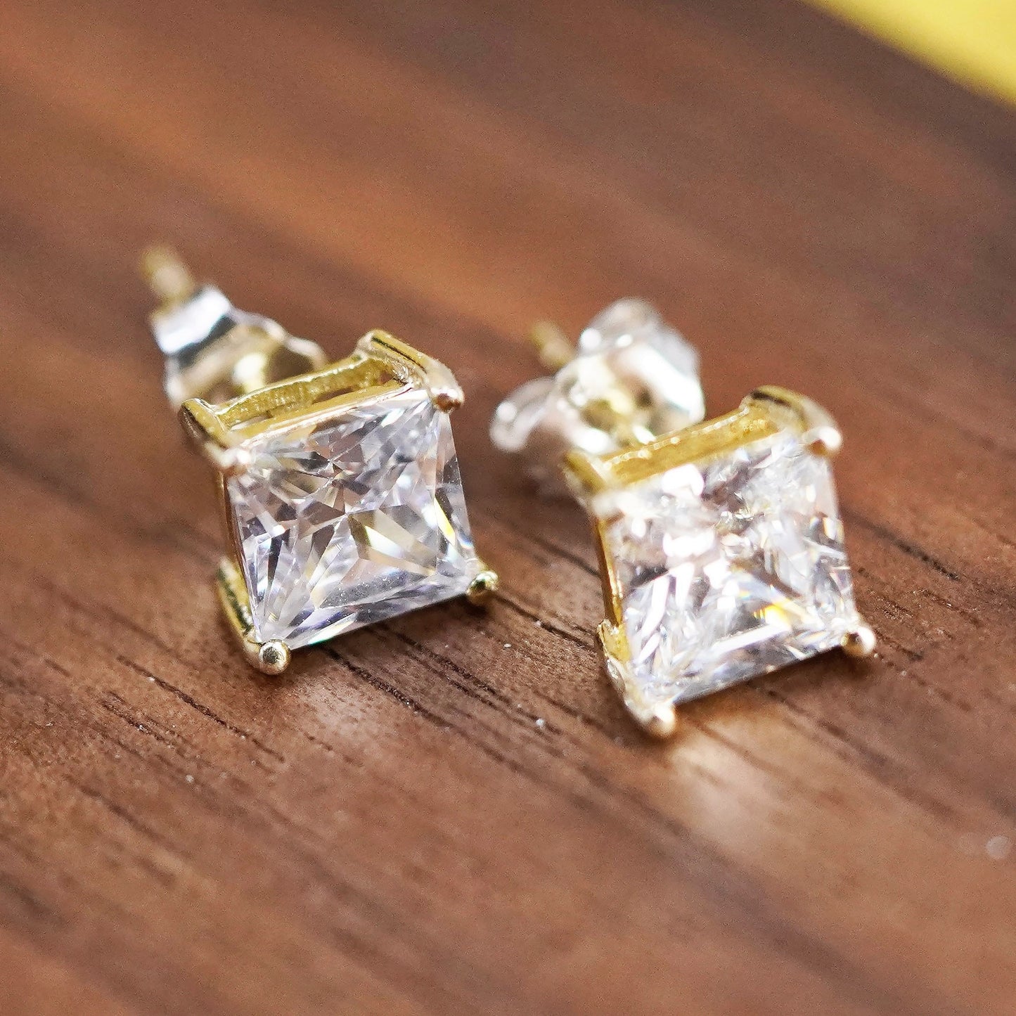 6mm, Vintage vermeil gold over Sterling 925 silver square cz studs, earrings