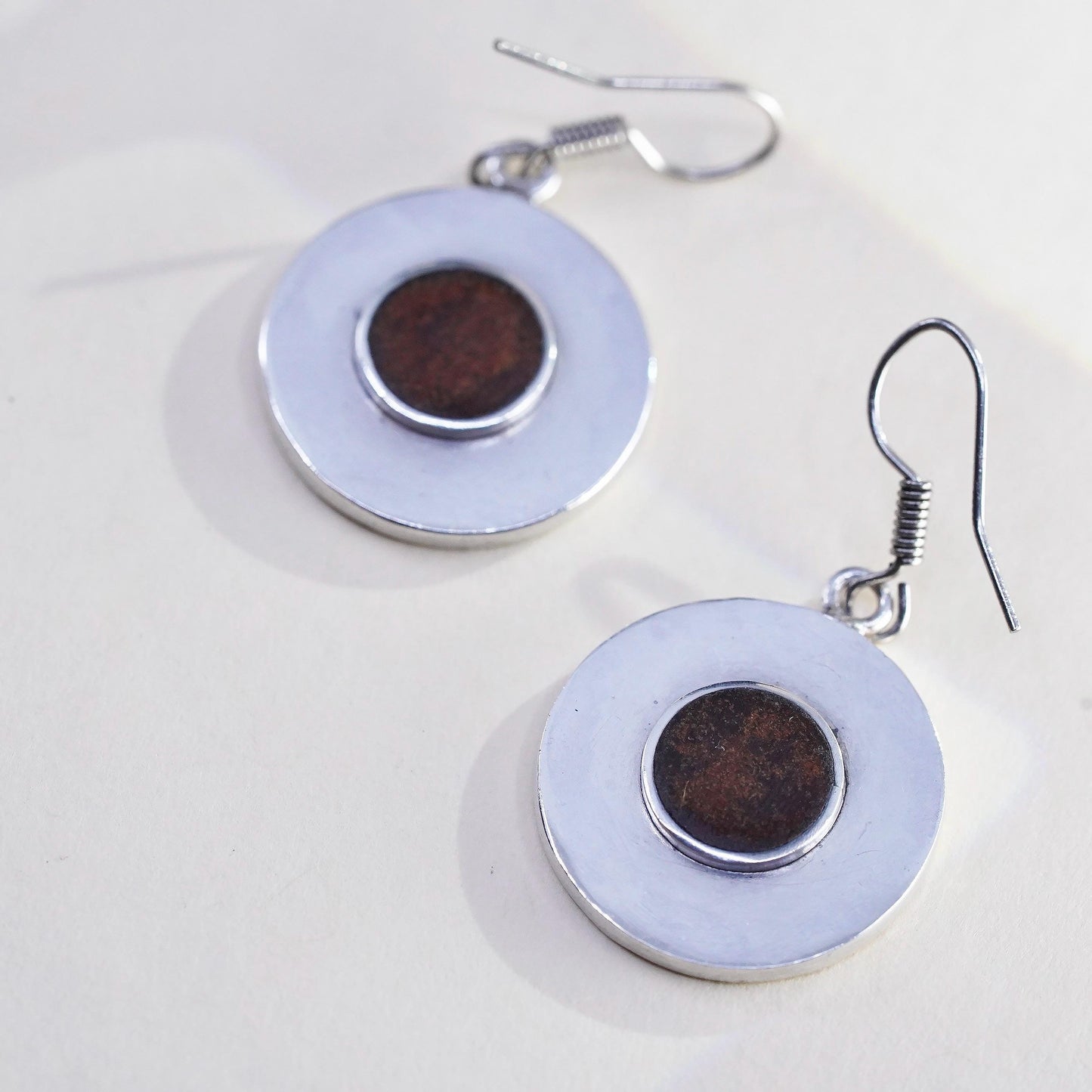 Vintage signed Sterling 925 silver handmade earrings with round drops and amber