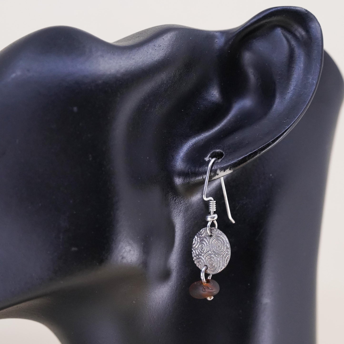 Vintage sterling 925 silver handmade spiral disc earrings with amber bead