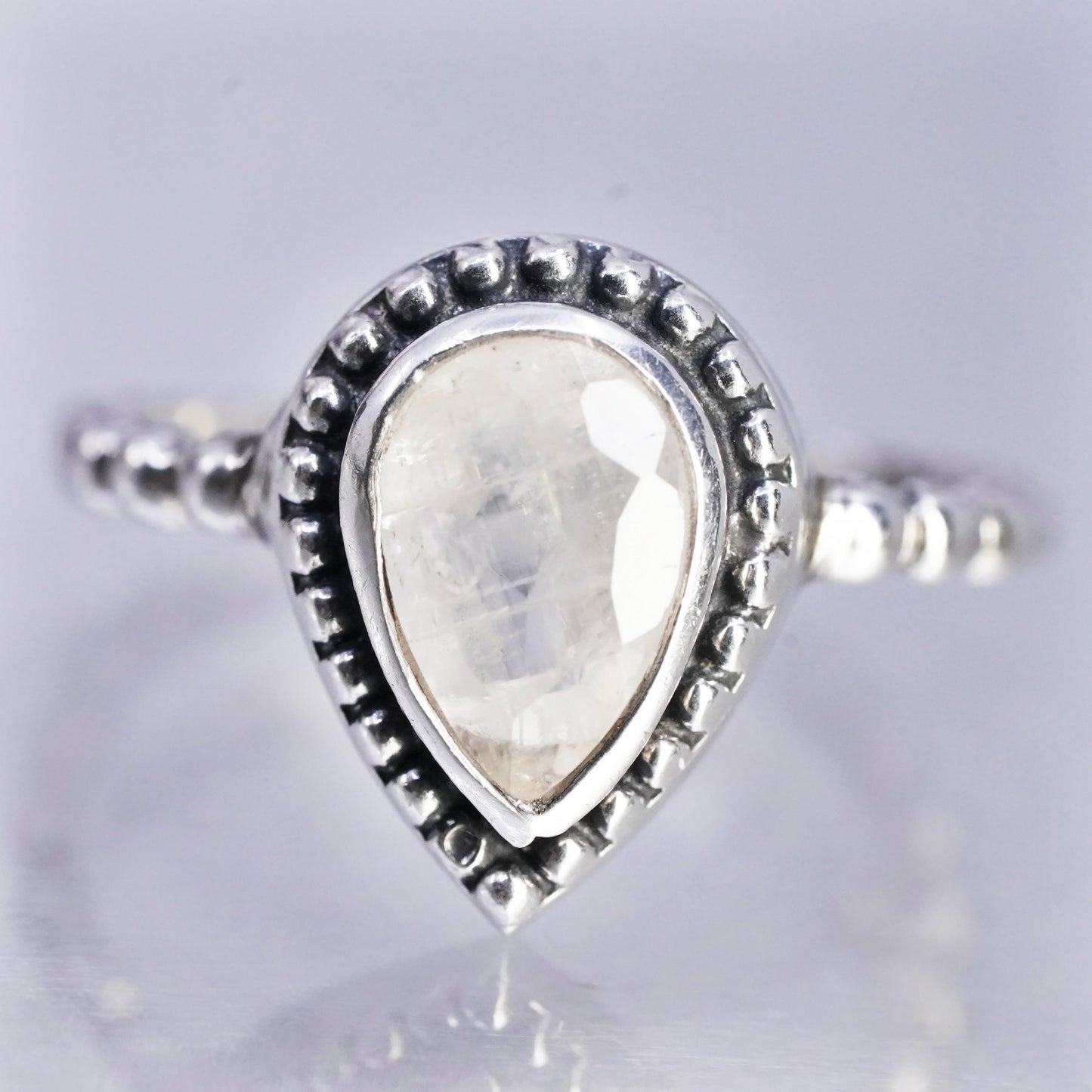 Size 7.25, YS Sterling 925 silver handmade beaded ring with teardrop moonstone