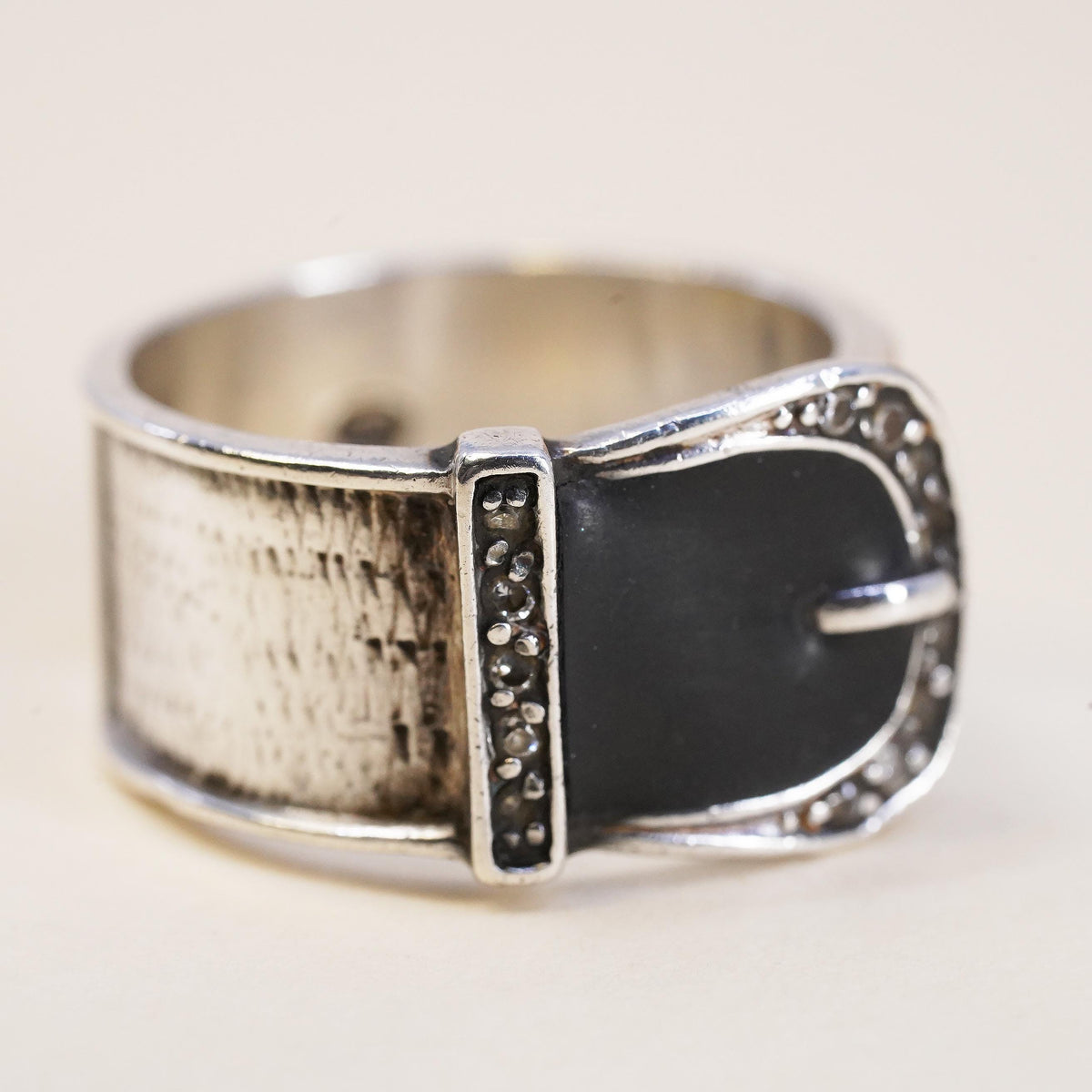 Size 8, VTG Sterling Silver 925 Belt Buckle Ring, Onyx Buckle Band, Marcasite