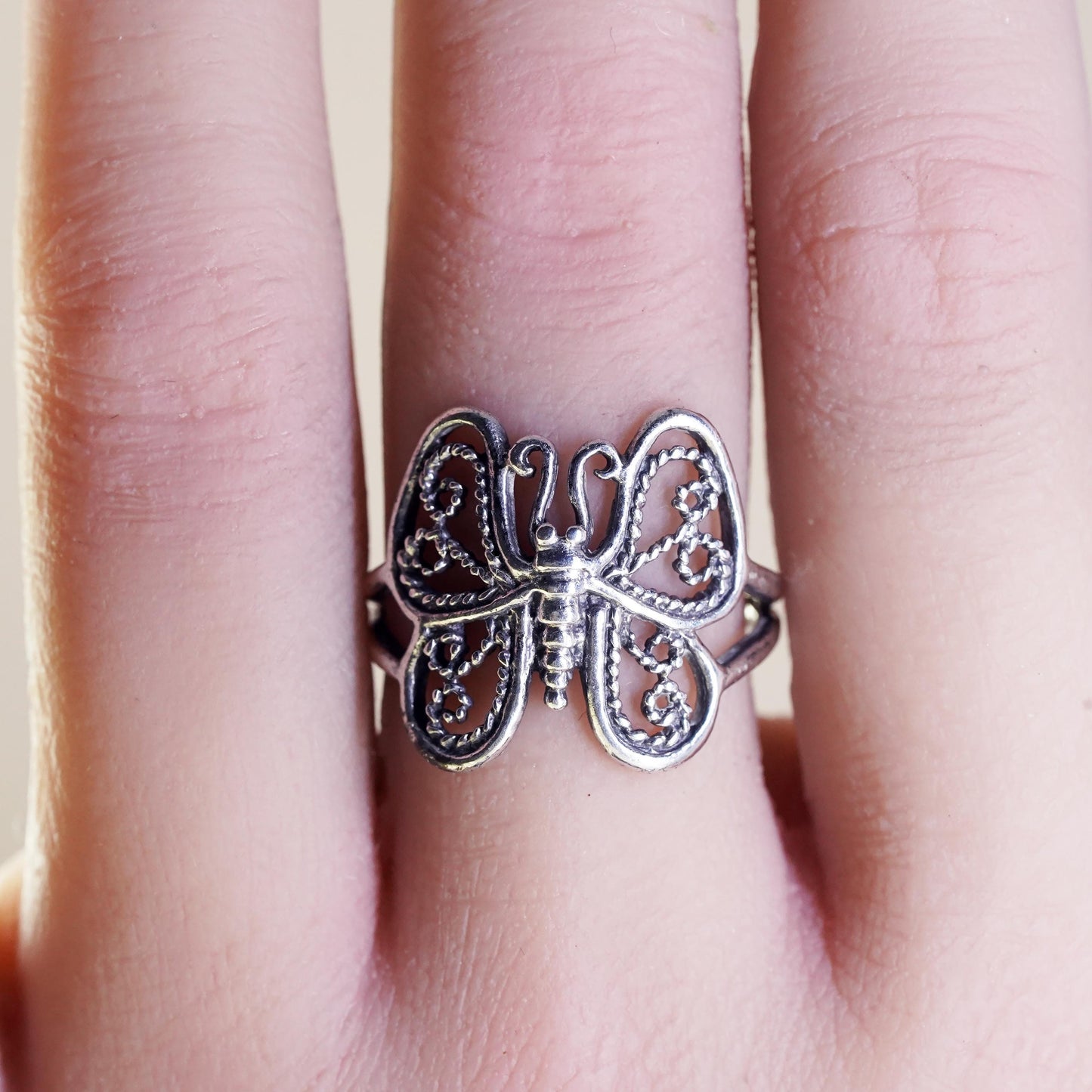 Size 7.25, vintage Sterling silver handmade ring, 925 filigree butterfly band