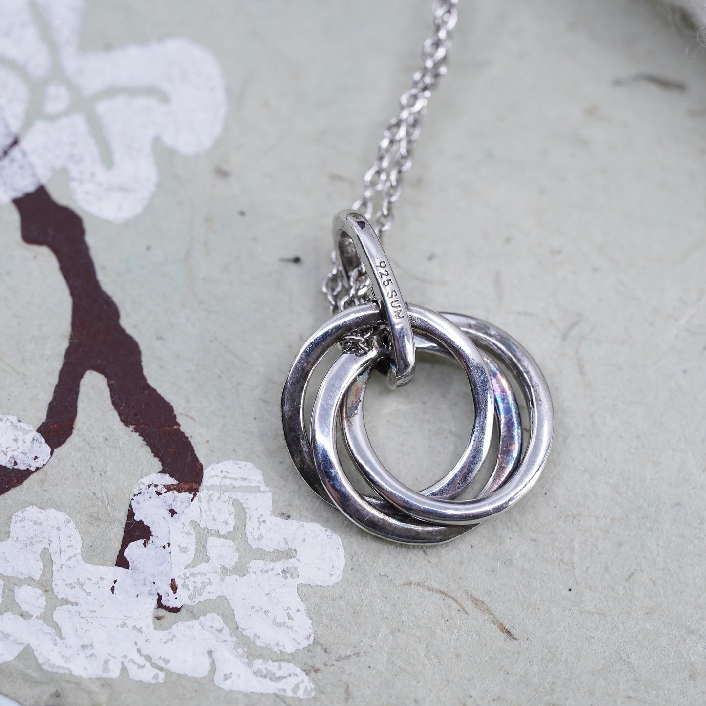 18”, Vintage Sterling silver necklace, 925 circle chain with pendant diamonds