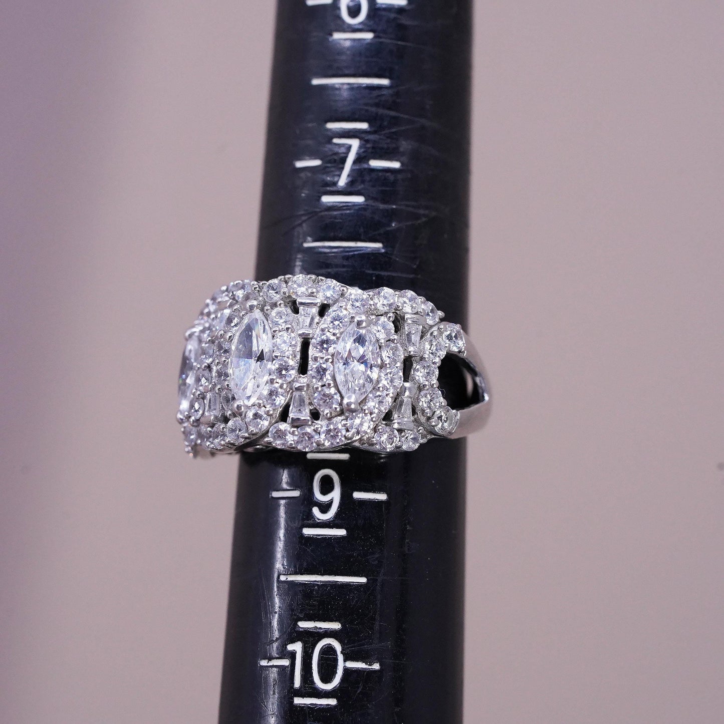 Size 8, Vintage 925 Sterling Silver CZ Marquise Cluster Ring Sparkling Cocktail