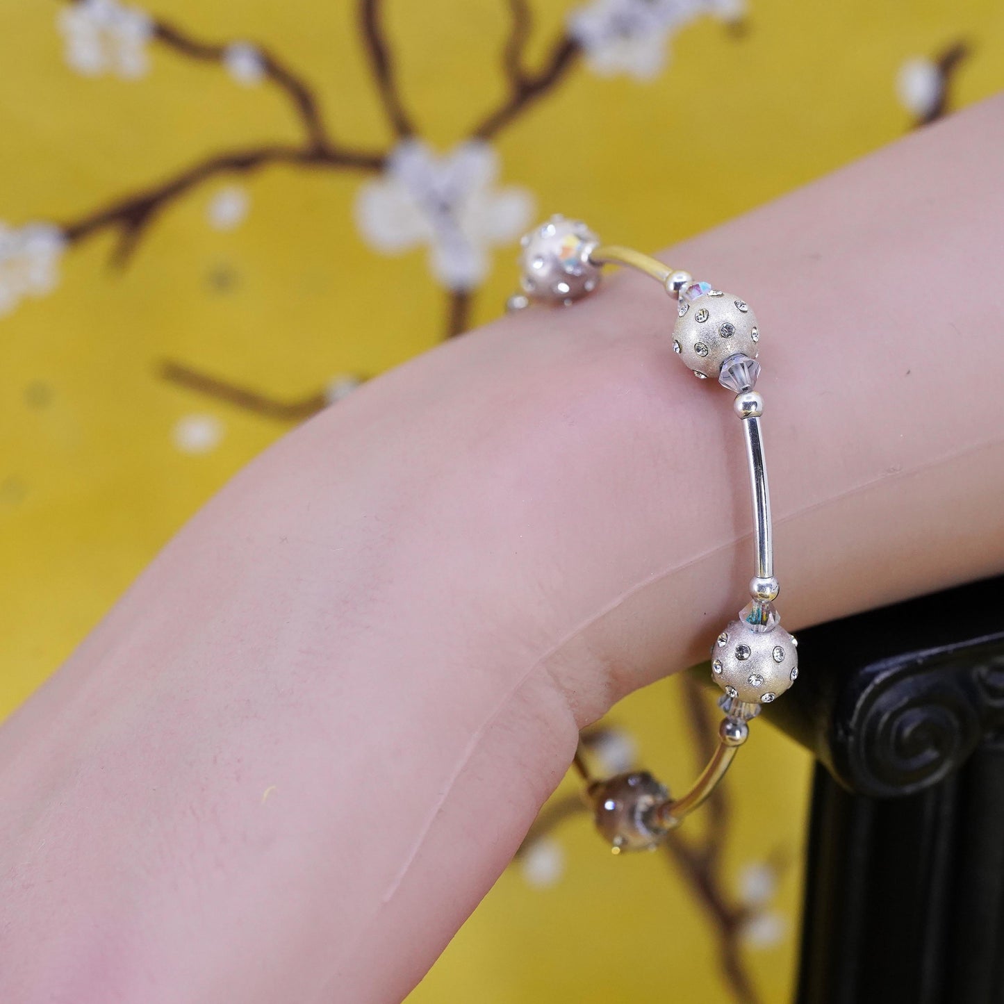 6.5”, Sterling silver beads bracelet, 925 bar chain with pearl crystal beads