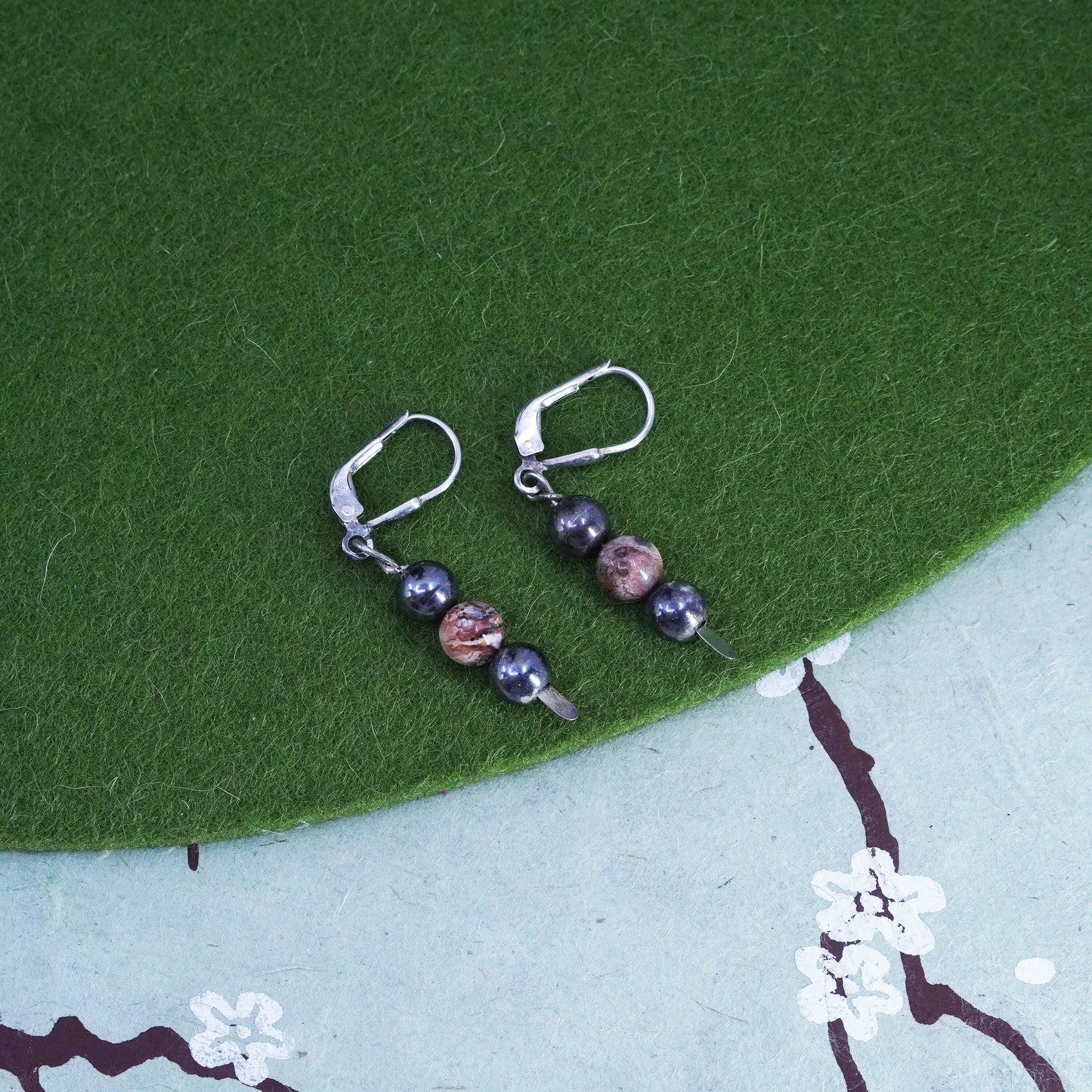 Vintage 925 Sterling silver handmade earrings with hematite and jasper