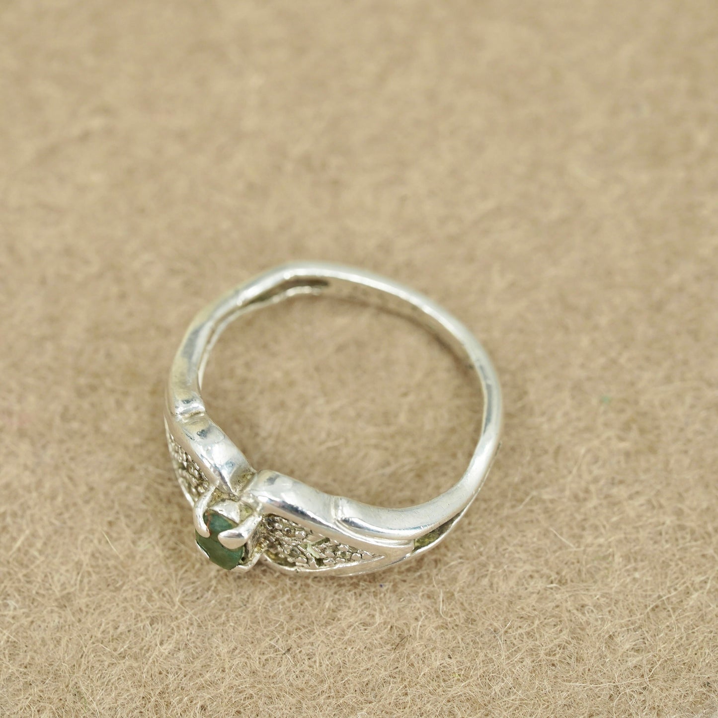 Size 6.5, vintage Sterling 925 silver handmade ring with jade and diamonds