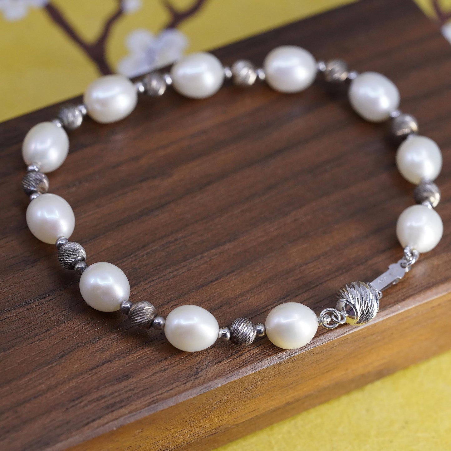 7.5” Sterling silver bracelet, freshwater pearl beads chain 925 silver clasp