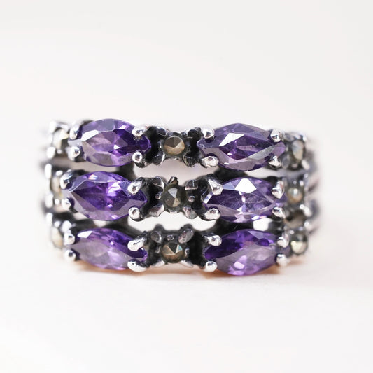 Size 6.75, Vintage sterling 925 silver band ring with amethyst and marcasite
