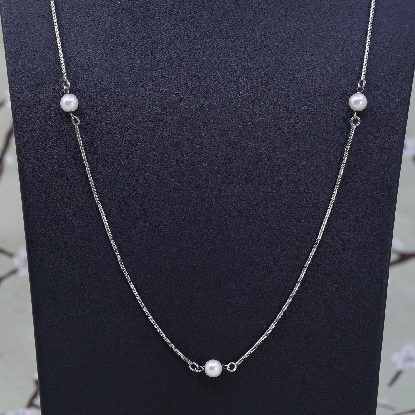24", Vintage sterling silver necklace, white pearl beads w/ snake silver chain