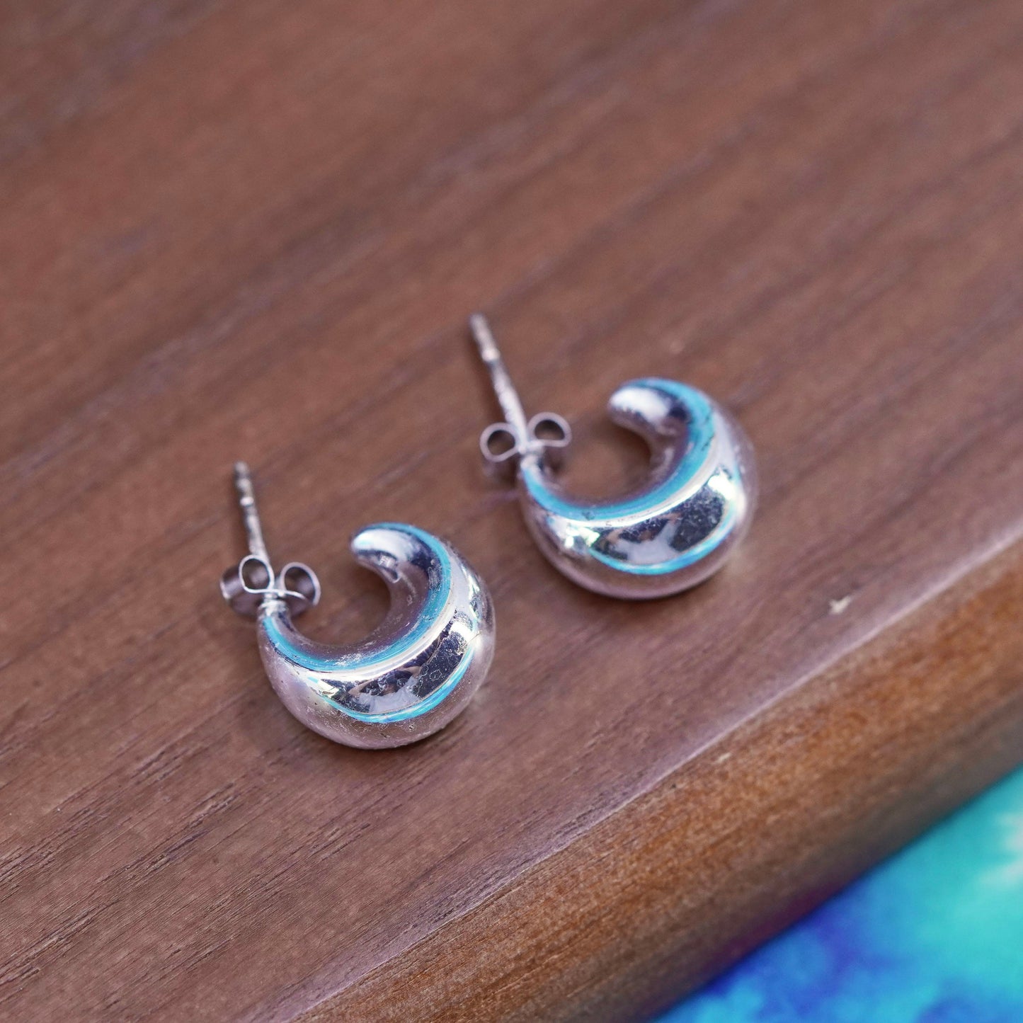 0.5”, Vintage Sterling silver handmade earrings, moon shaped 925 Huggie studs