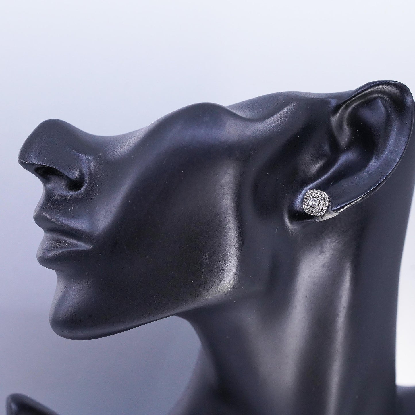 Vintage Sterling 925 silver handmade earrings, square studs with cluster Cz