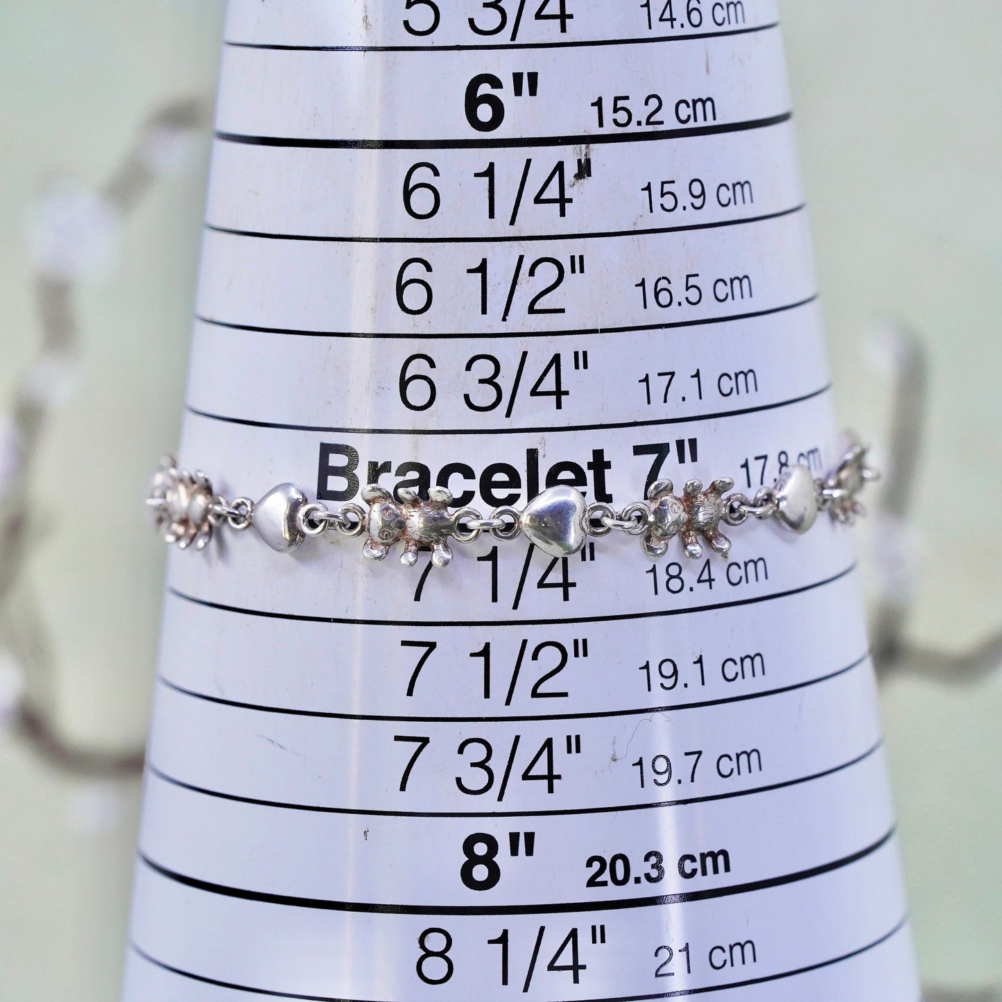 7", VTG sterling 925 silver figaro bracelet with heart and teddy bear charms