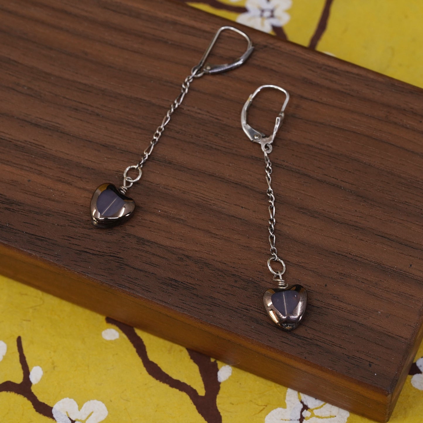 vintage handmade sterling silver earrings, 925 long dangles with glass heart