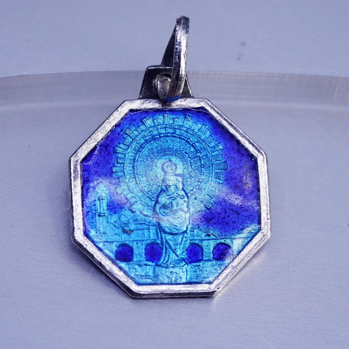 Blue Enamel Jesus Sacred Heart Virgin Mary Religious Double Sided Medal Pendant