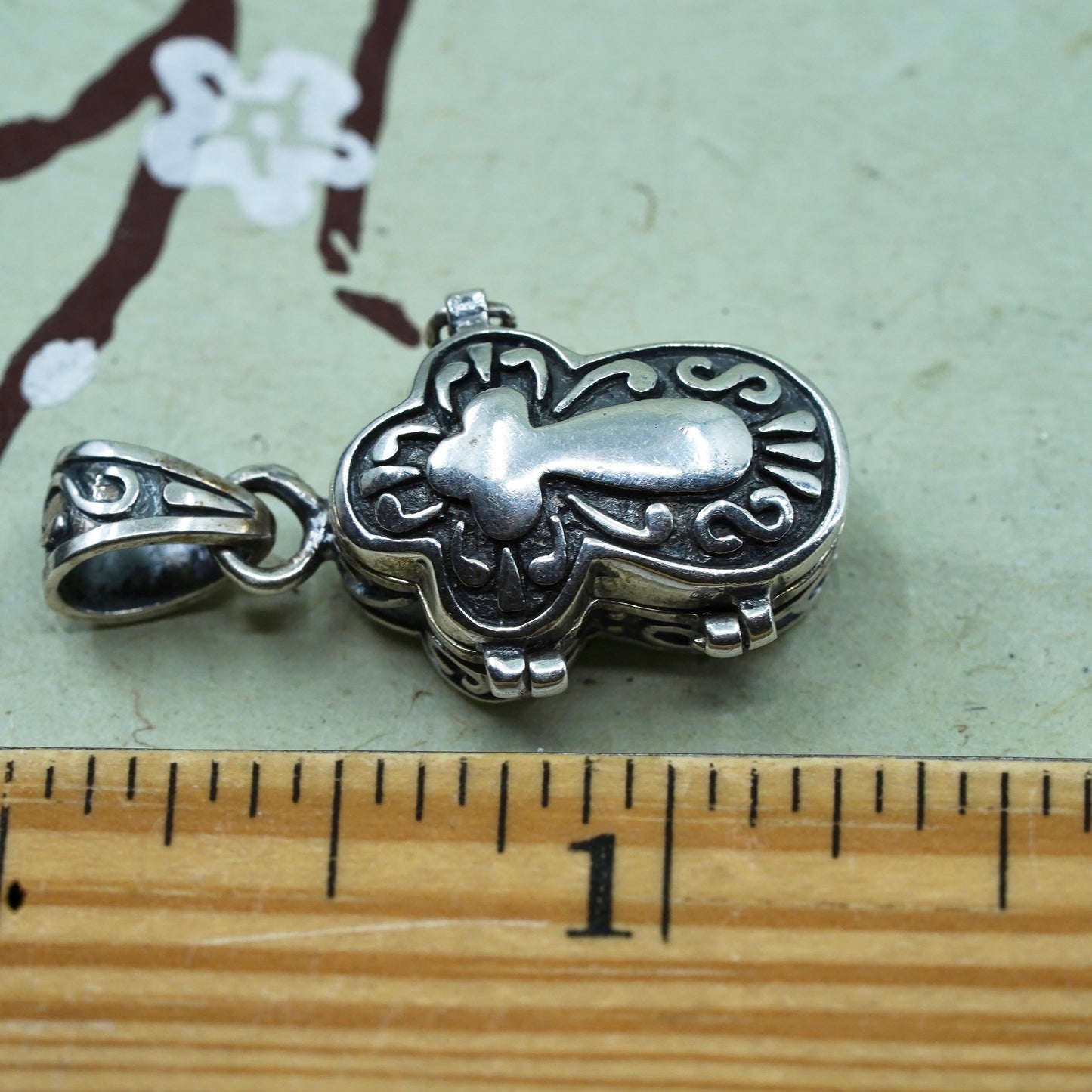 Vintage Sterling silver handmade prayer box pendant, 925 crosslocket charm