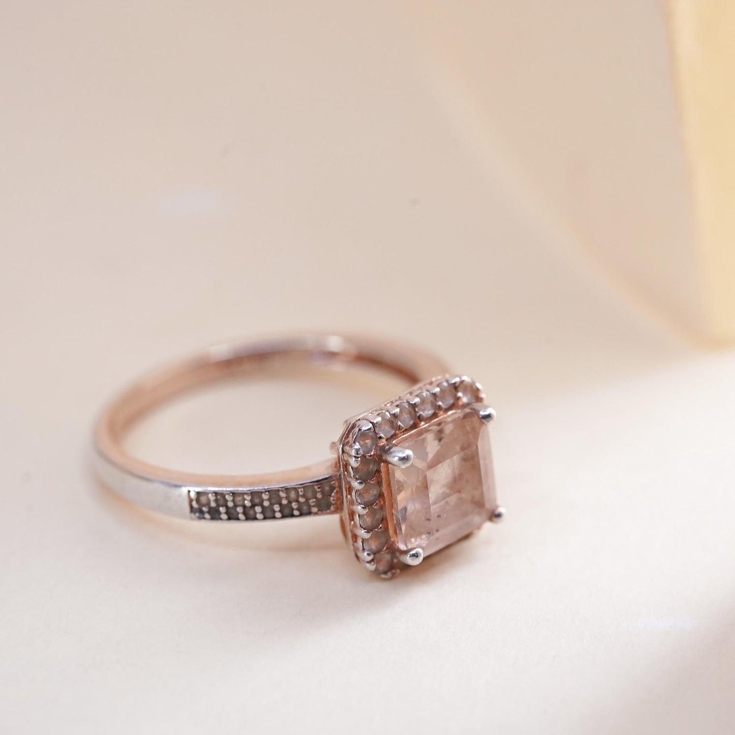 Size 7, antique vermeil gold over sterling silver ring with square crystal