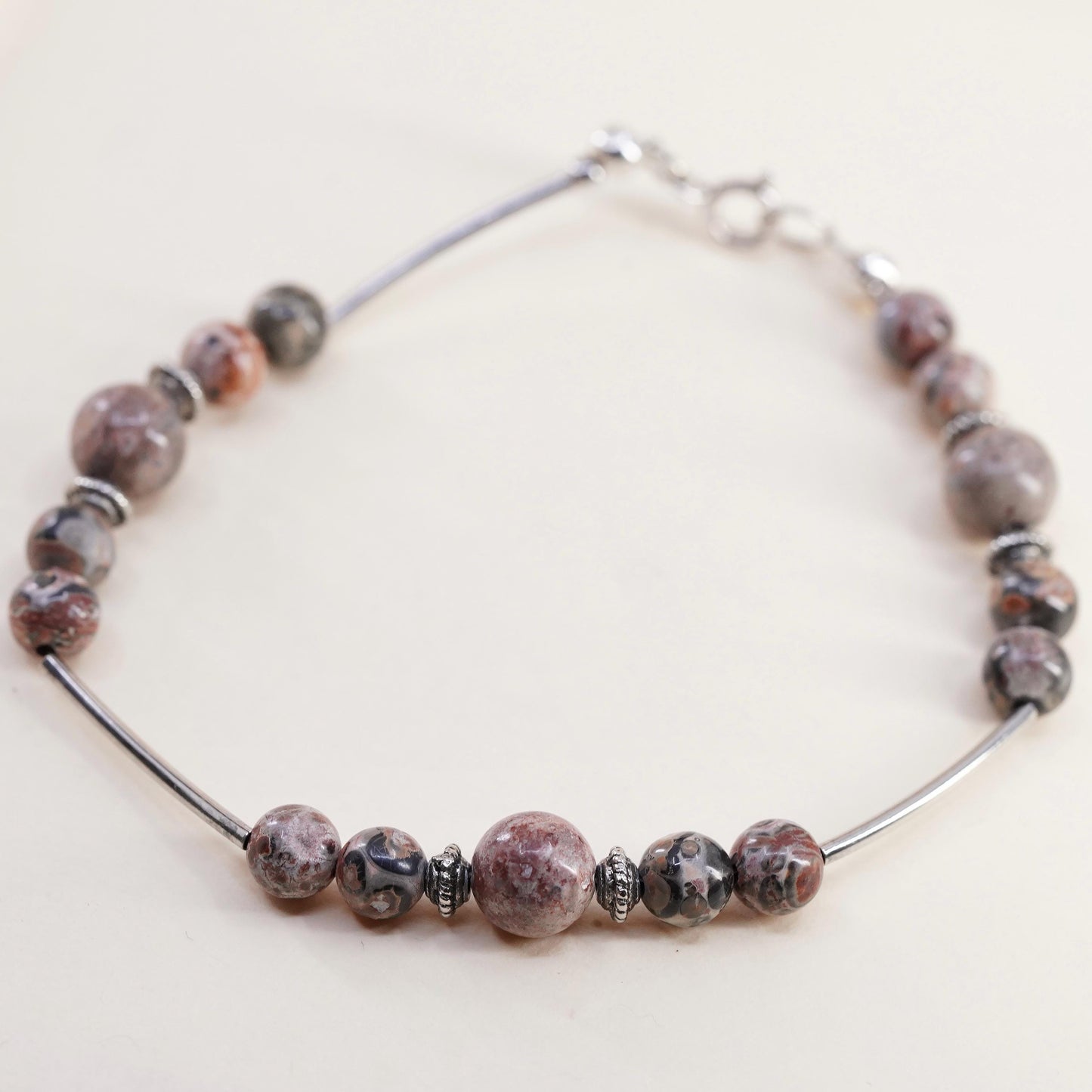 7.75”, Vintage Sterling 925 silver handmade bar bracelet with Jasper beads