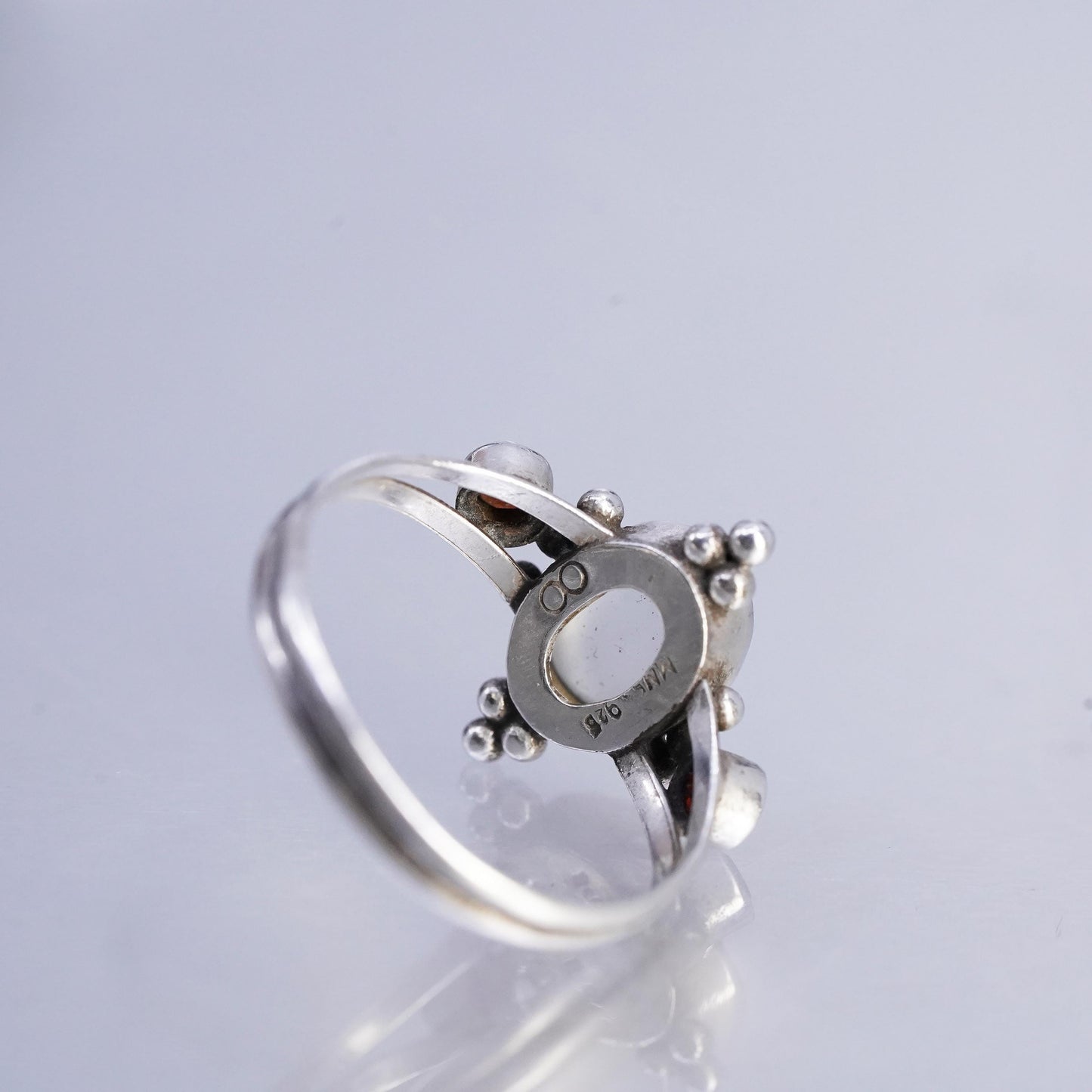 Size 7.5, vintage Sterling 925 silver handmade ring with moonstone and garnet
