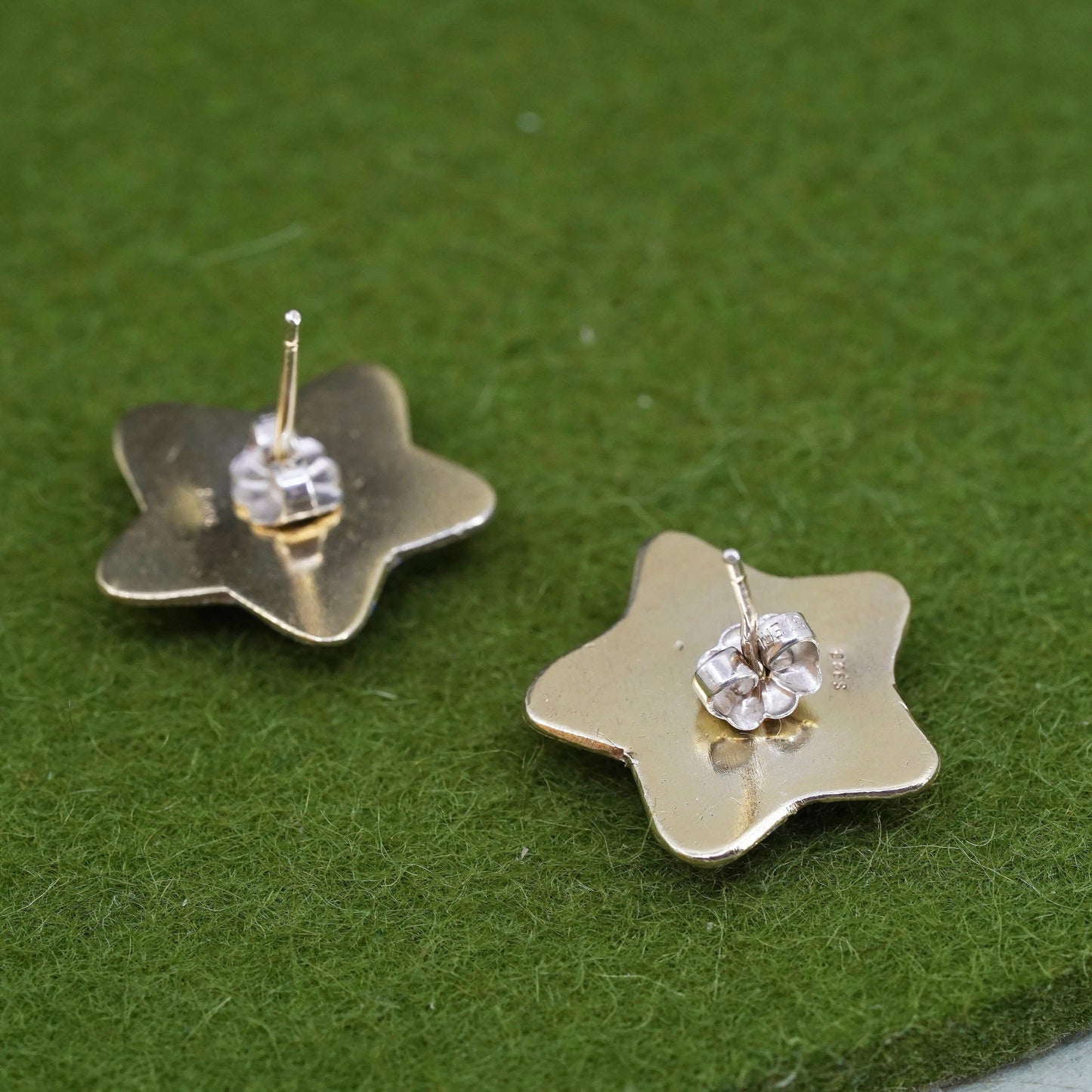 vermeil gold over Sterling silver handmade earrings, 925 star studs blue enamel