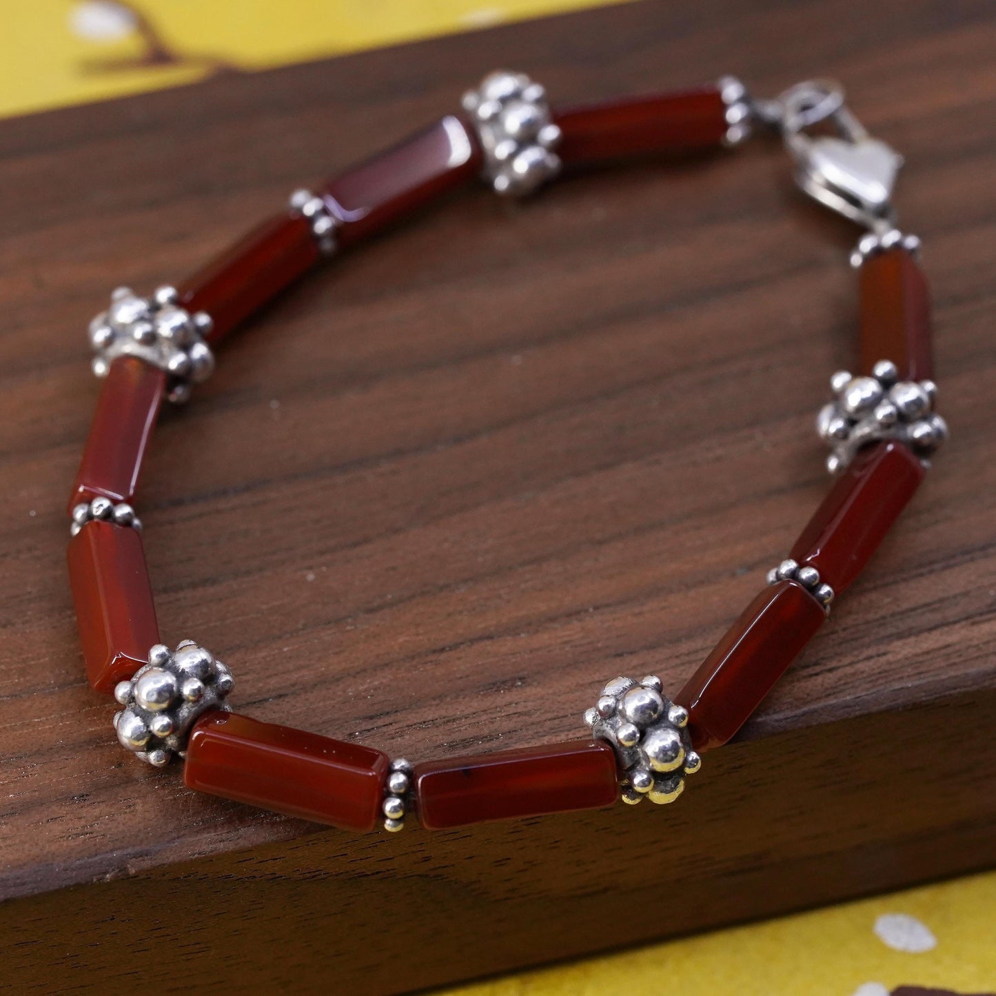 6.75”, Vintage sterling 925 silver handmade bracelet with carnelian tube beads