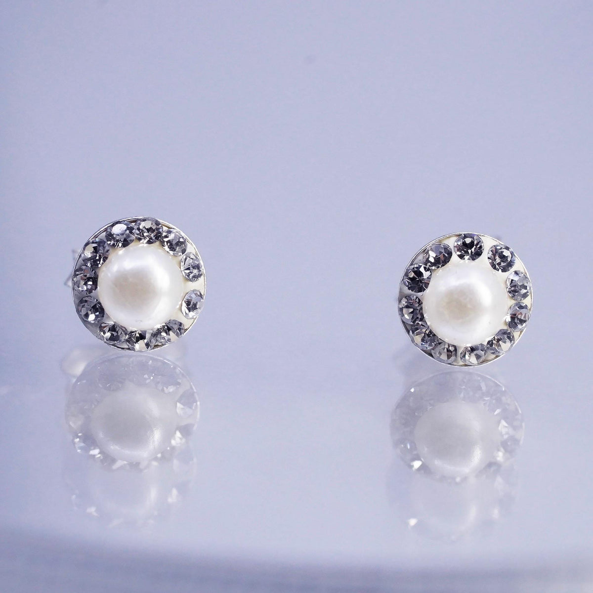 Vintage Sterling 925 silver handmade earrings, studs with pearl and cz