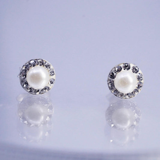 Vintage Sterling 925 silver handmade earrings, studs with pearl and cz