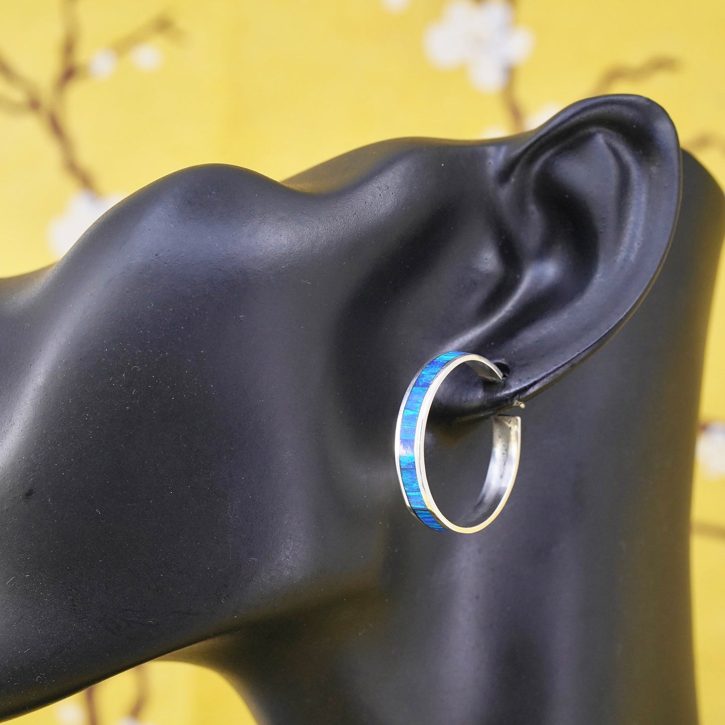 0.75", vintage Mexican Sterling silver huggie earrings, 950 hoops w/ blue opal