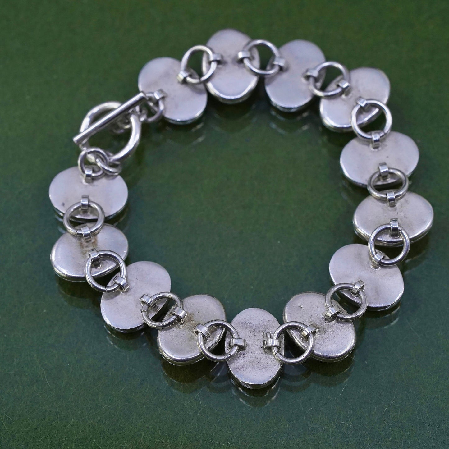 7", Mexican 925 sterling silver bracelet with colorful cats eye toggle closure