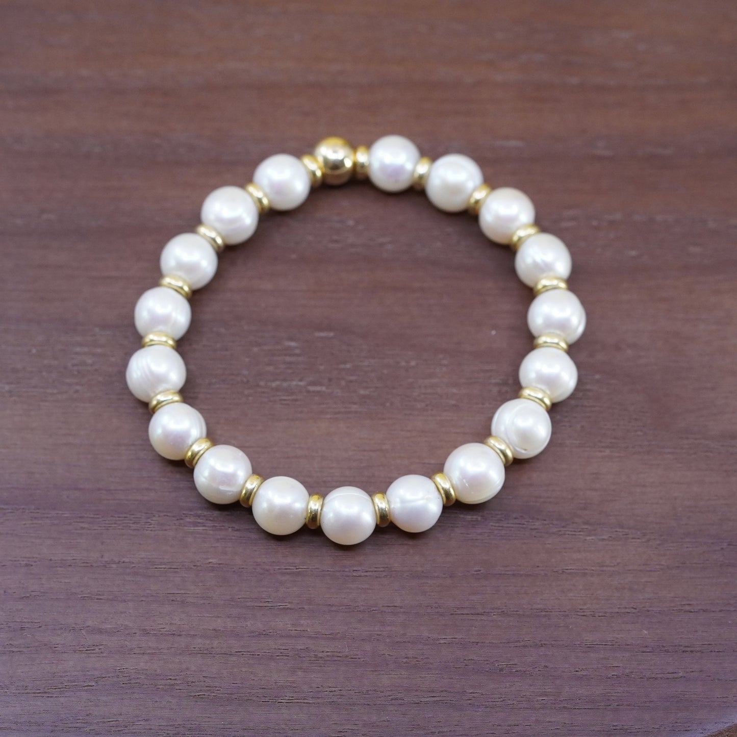 7”, Italian yellow gold Sterling silver bead 10mm freshwater pearl bracelet