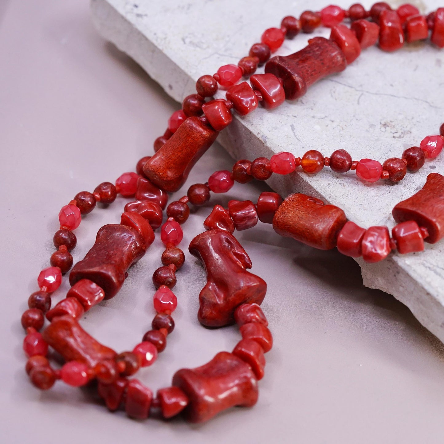 16+3", silver tone necklace, double strands coral beads necklace pendant