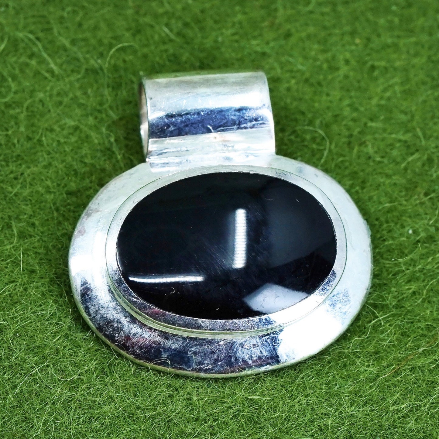 handmade sterling silver pendant, Mexico 925 oval with oval shaped black onyx