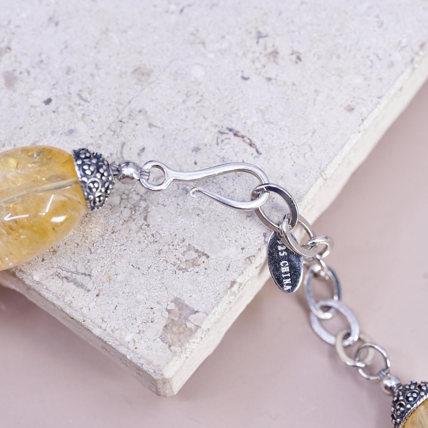 16+2", VTG Deb Guyot Sterling 925 silver chunky citrine coin pearls Necklace