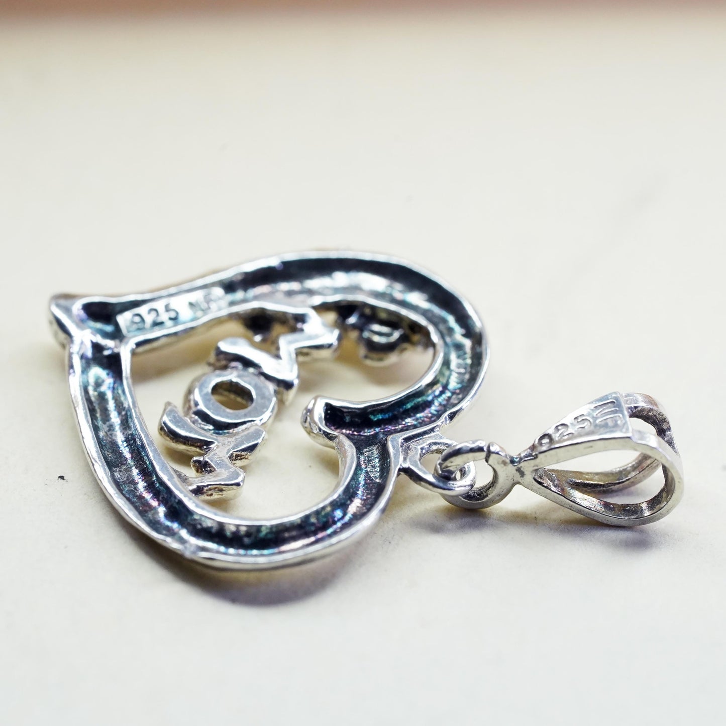 Vintage Sterling silver pendant, rose flower heart with "mom", 925 pendant