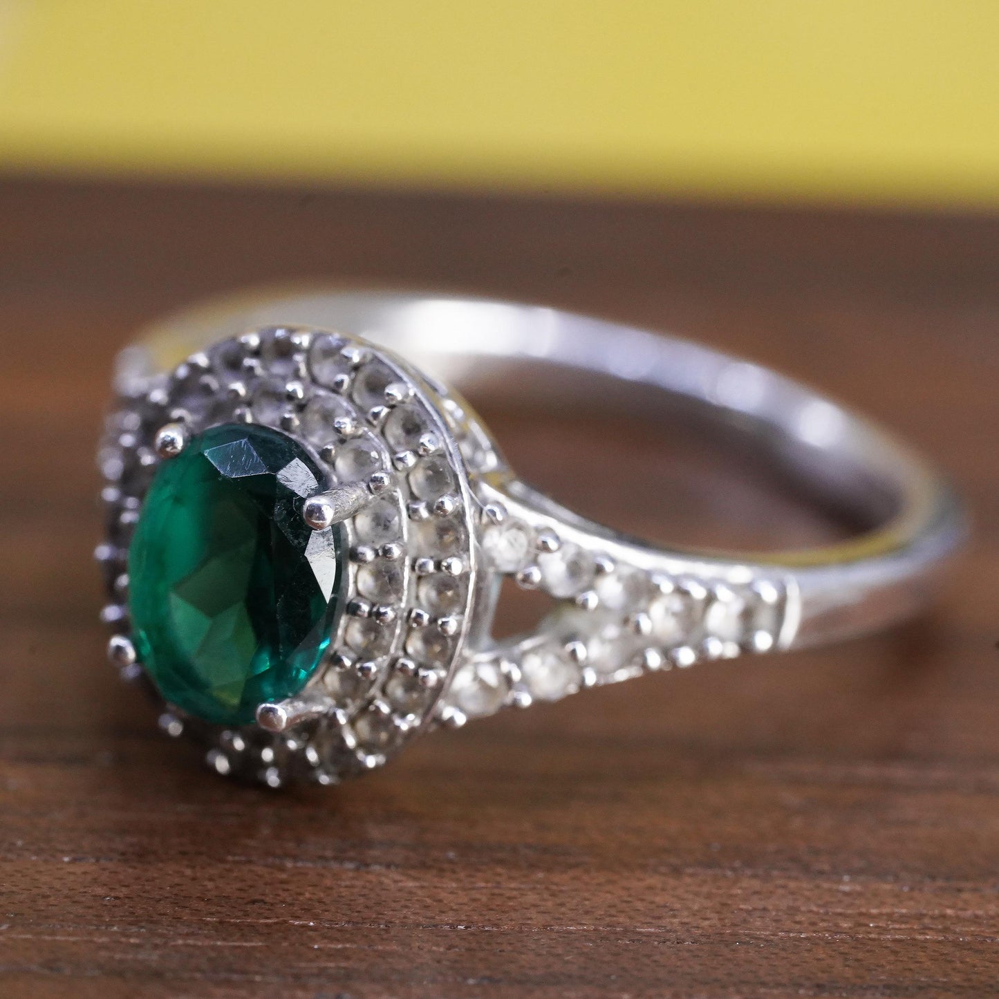 Size 9.25, Halo Green Emerald Sterling Silver 925 Split Shank Cocktail Ring