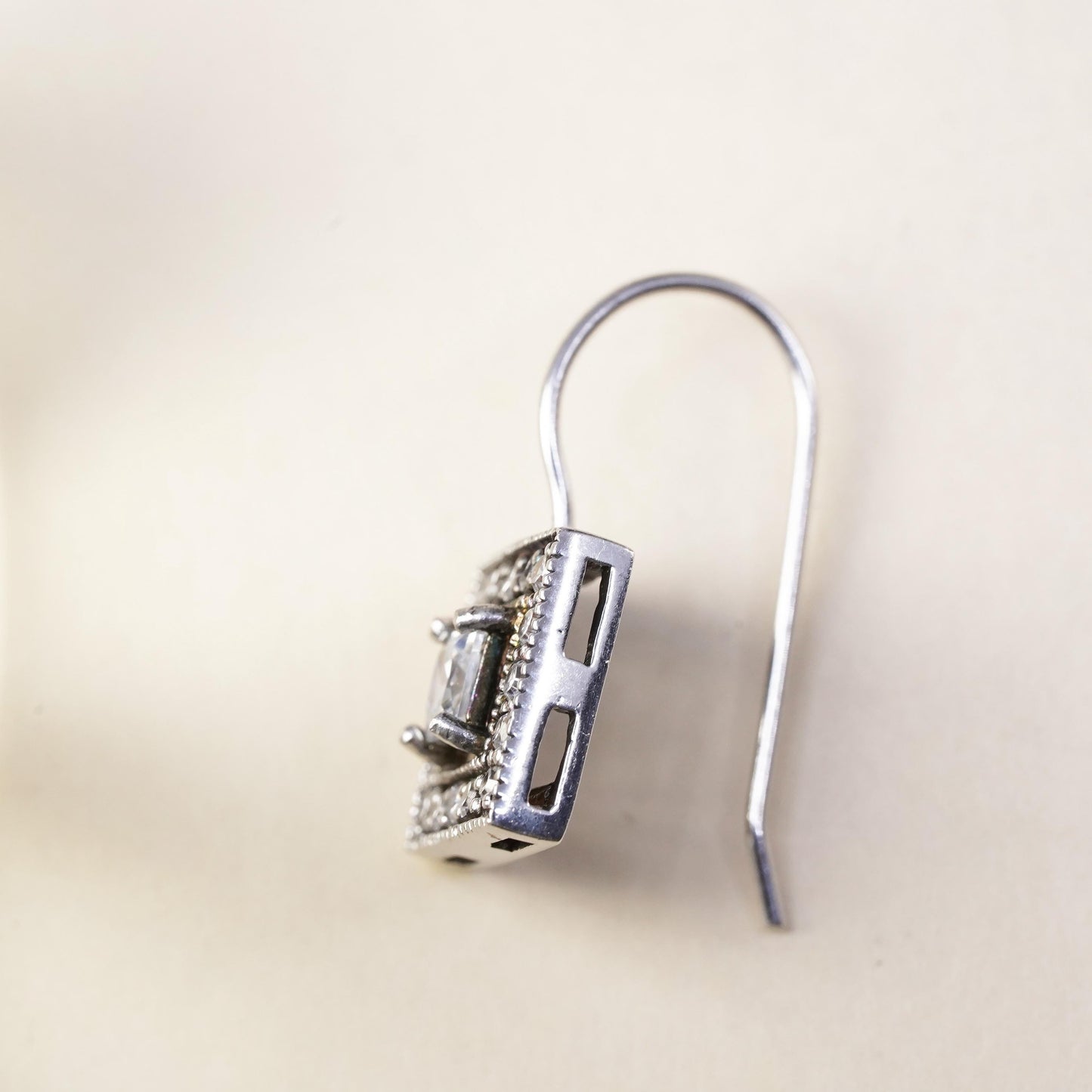 Vintage sterling silver single earring, 925 silver square dangle with clear Cz