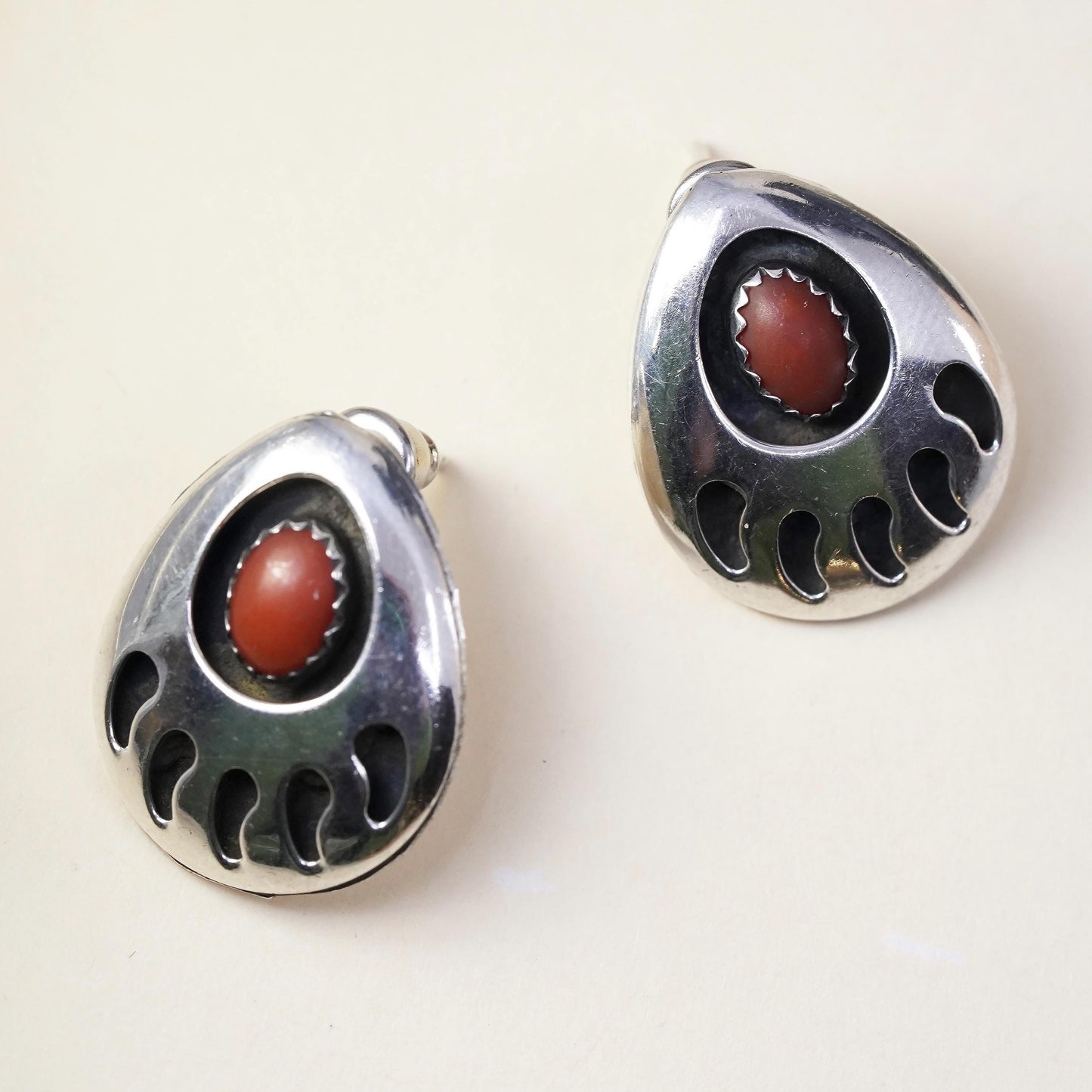 Southwestern sterling silver handmade earrings, bear paw 925 studs with coral