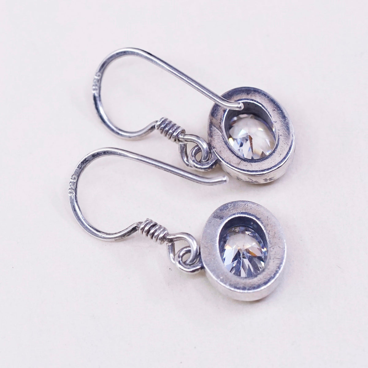 Vintage sterling silver handmade earrings, 925 silver with oval CZ, stamped 925
