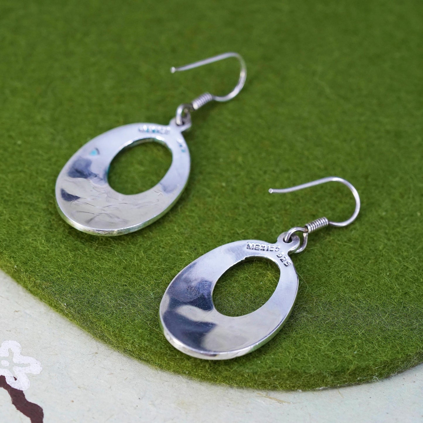 Vintage Mexican sterling 925 silver handmade oval earrings with turquoise inlay