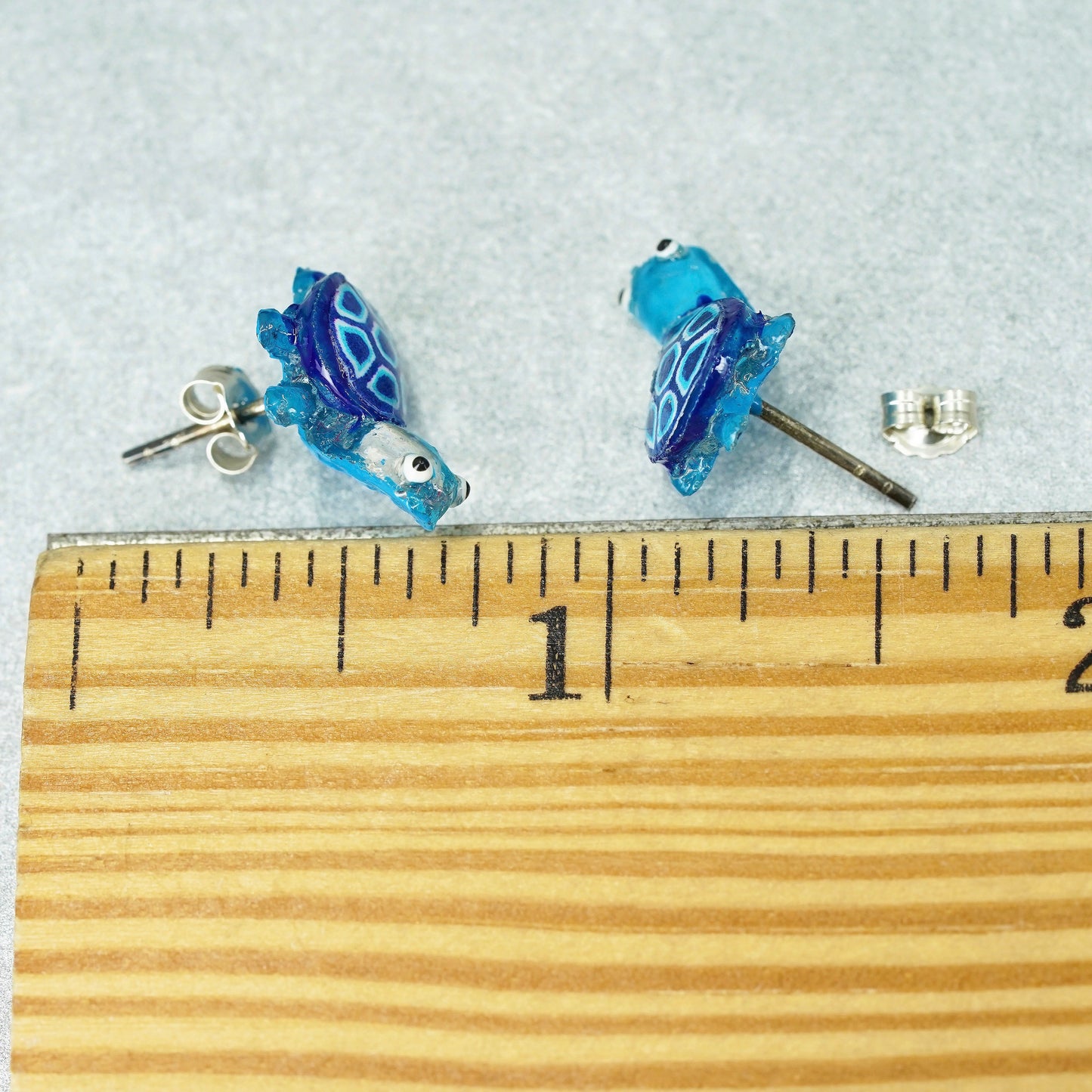 Vintage silver tone earrings, studs with blue turtle inlay