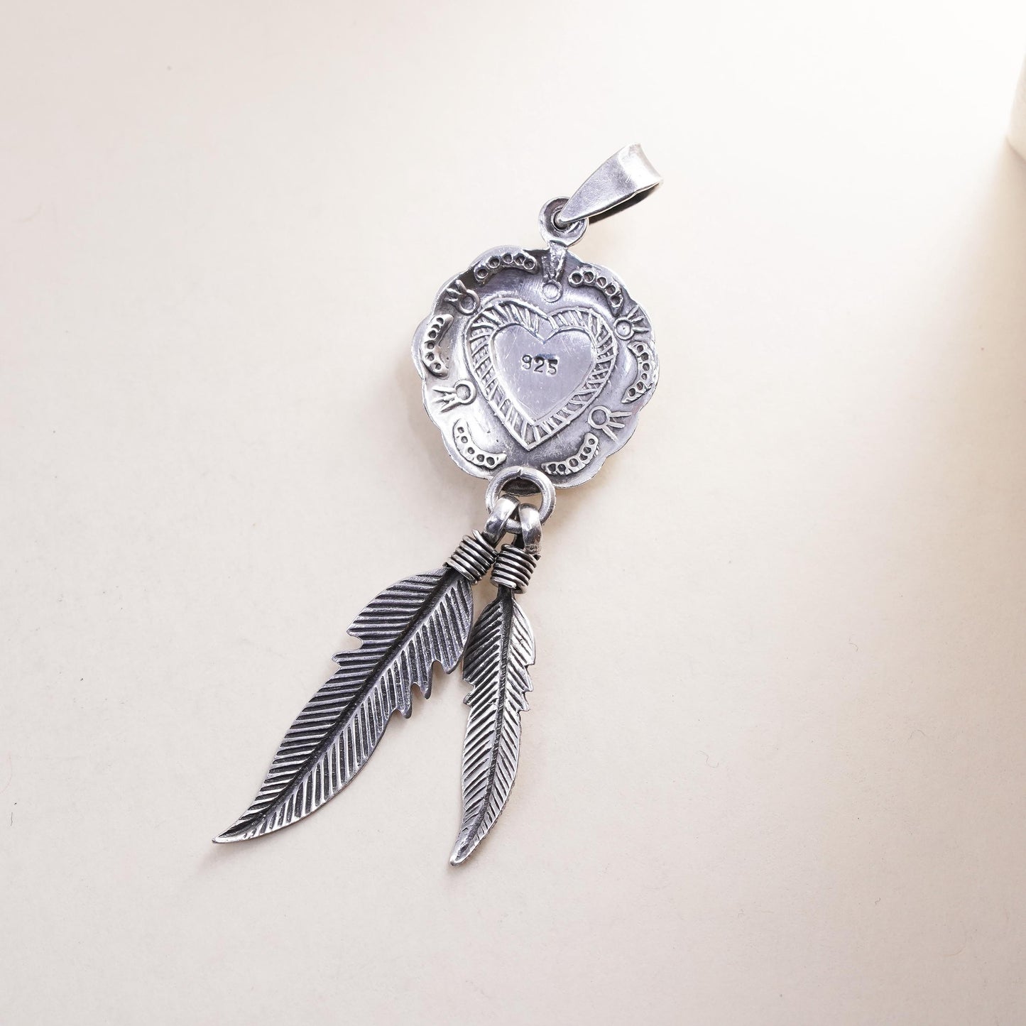 Native American Navajo sterling silver 925 heart pendant onyx feather dangles