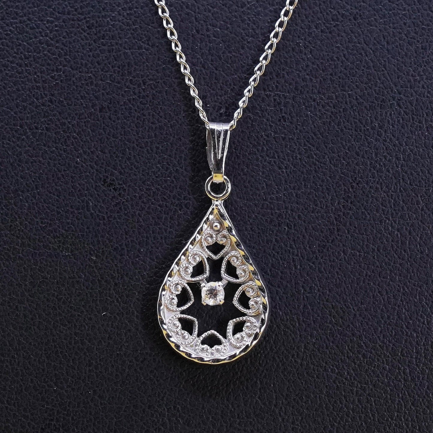 20", VTG Sterling silver necklace, Italian 925 curb chain teardrop pendant cz