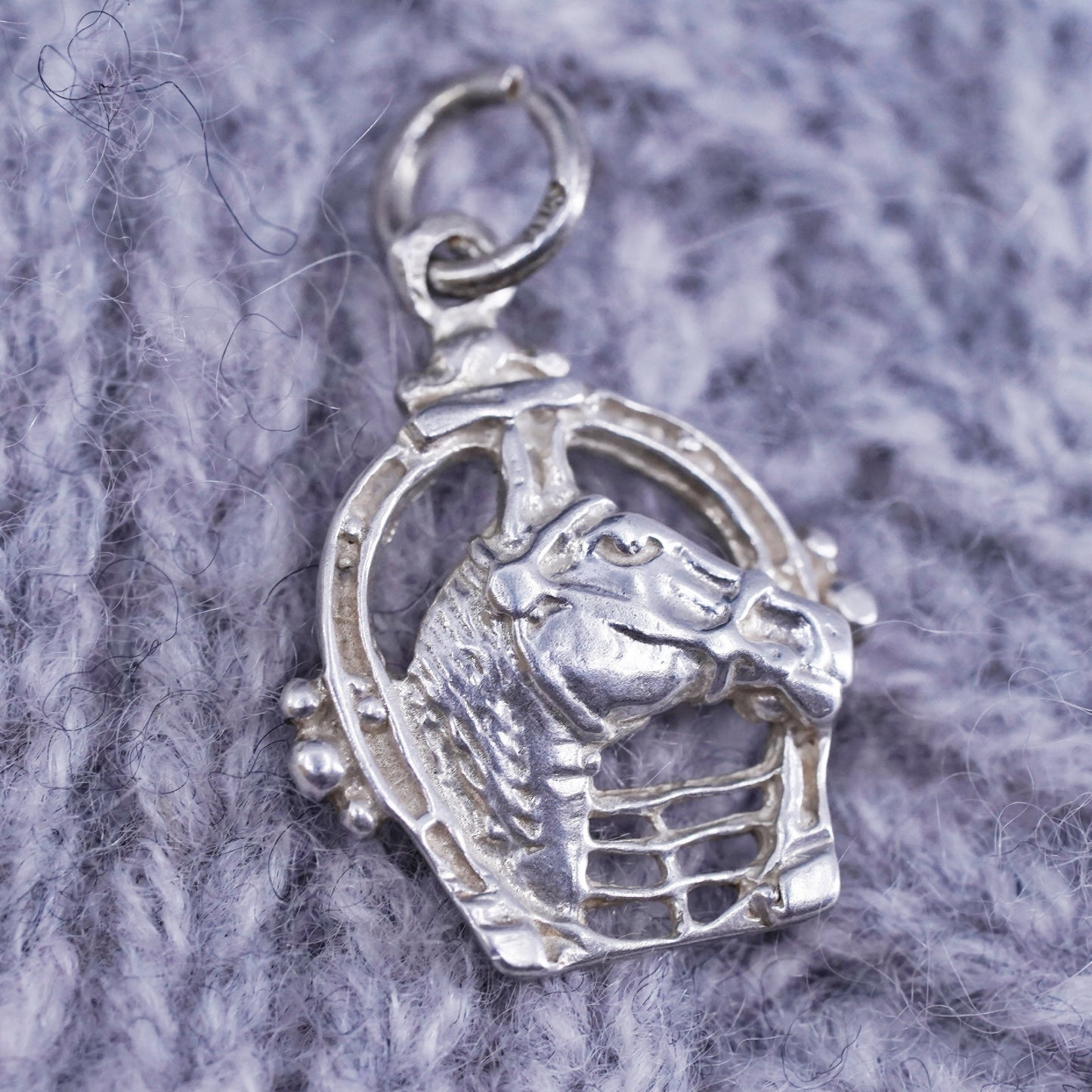 Vintage sterling silver horse pendant, 925 charm with horse shoe