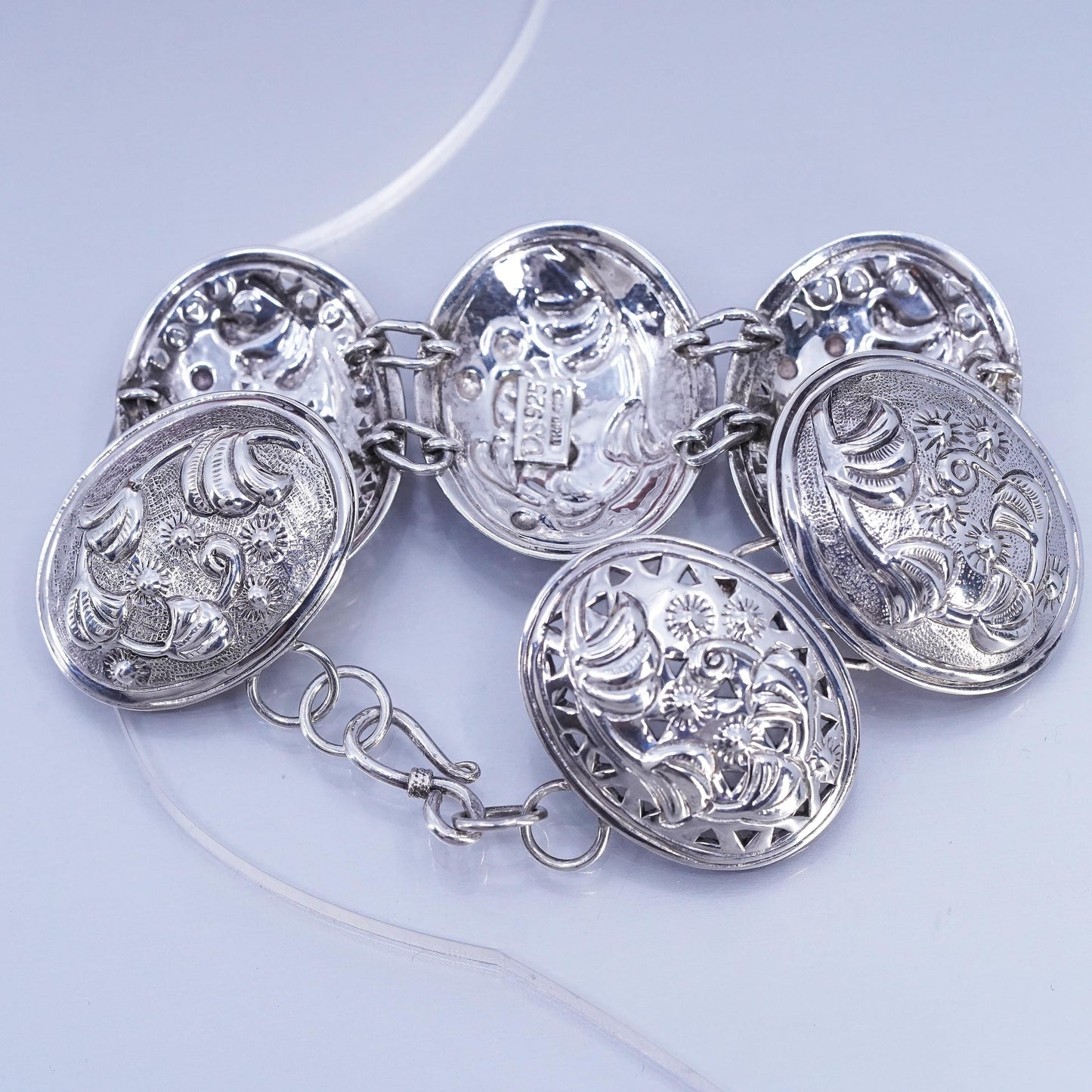 Designer DS Sterling Silver 925 Floral Oval Chain Linked 7" 6 Station Bracelet